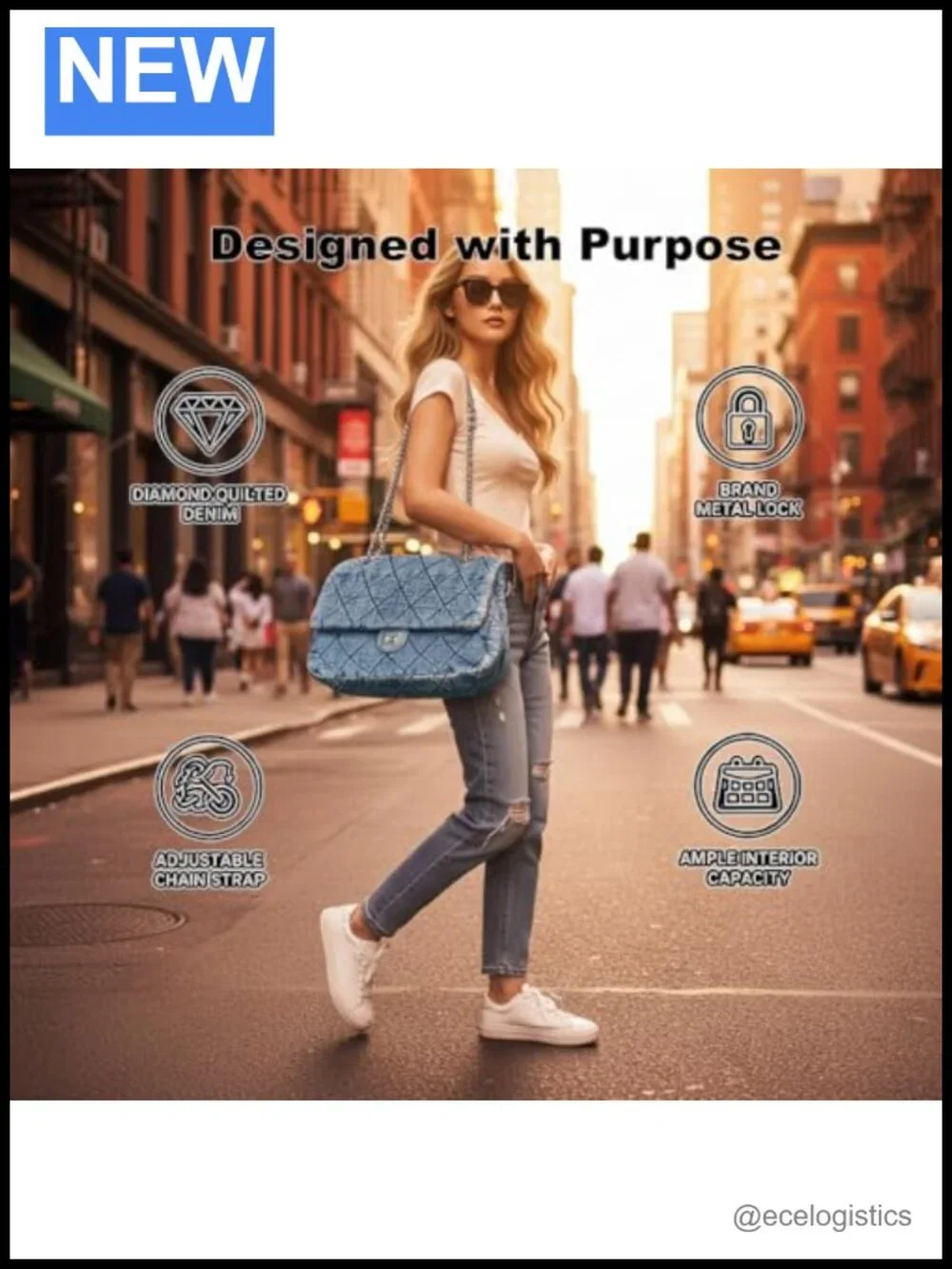 Quilted Denim Tote Bag for Women, Large Capacity Chain Crossbody Shoulder